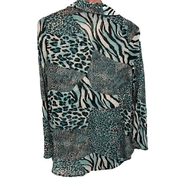 Slinky Brand ladies Blue leopard silky top button down Bell Sleeve Sheer SZ S - Picture 2 of 6
